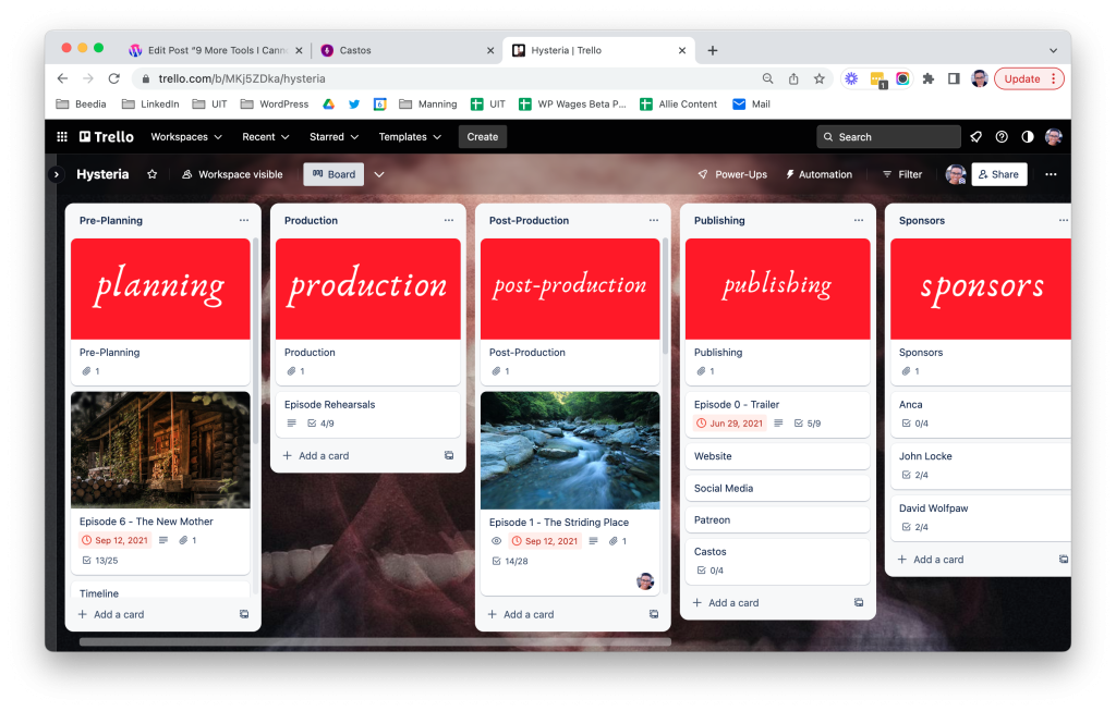 A screenshot a browser open to Trello where many columns and cards show the progression of phases through producing a podcast.