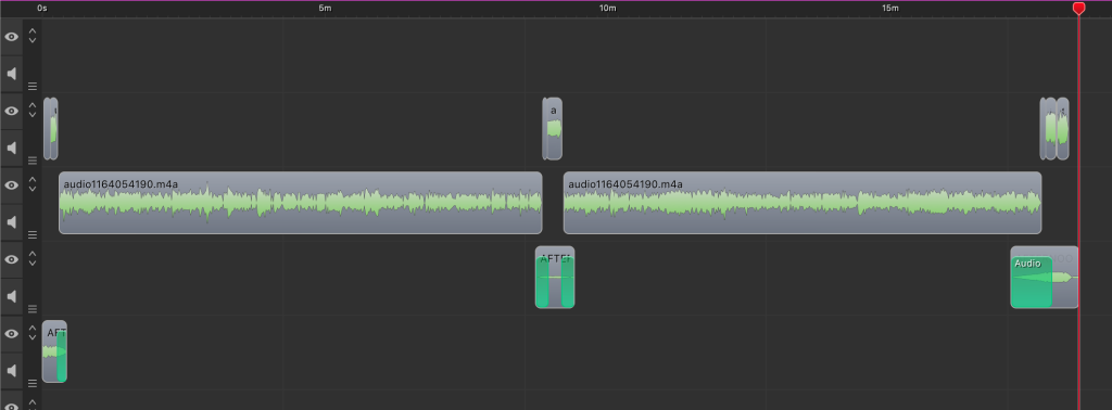 A screenshot of the Screenflow editing area with various audio tracks specifically cut and arranged.